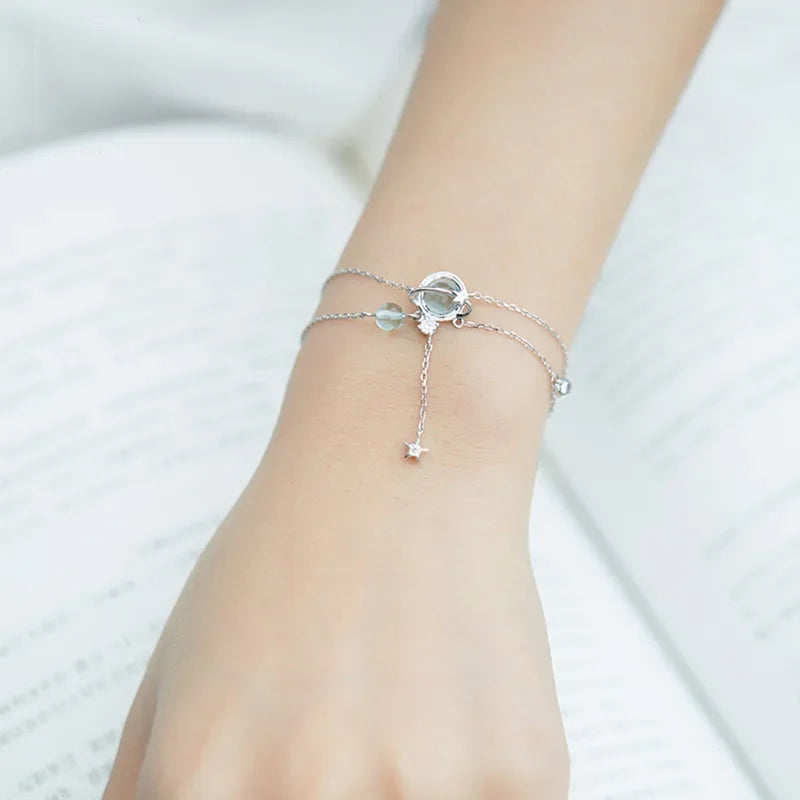 925 Sterling Silver Aquamarine Bracelet | Elegant Double Charm Bracelet for Women