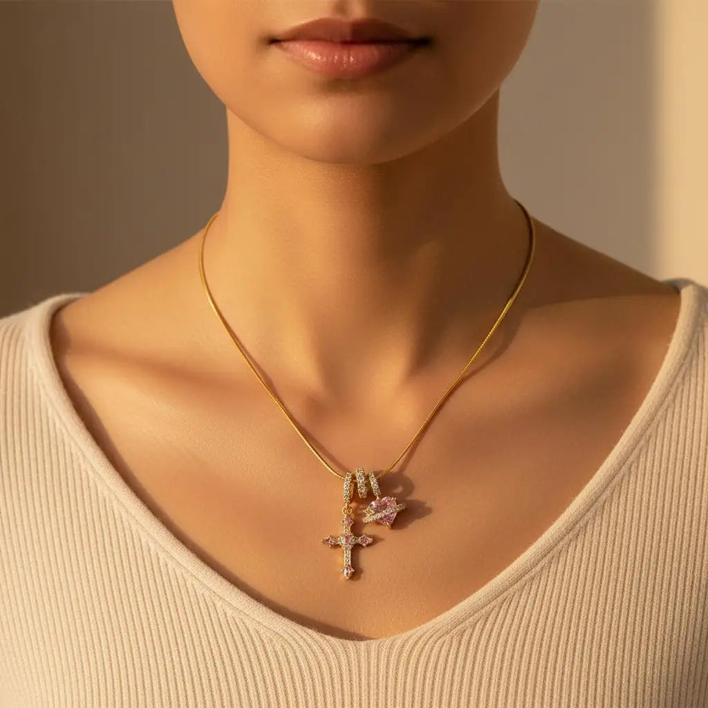 Heart Cross Pendant Necklace for Women Stainless Steel Necklace 14K Gold Plated Snake Chain Necklace with Pink Zircon Heart & Cross Charms, Hypoallergenic Dainty Layering Pendant Necklace Jewelry Gift for Women Girls Valentin