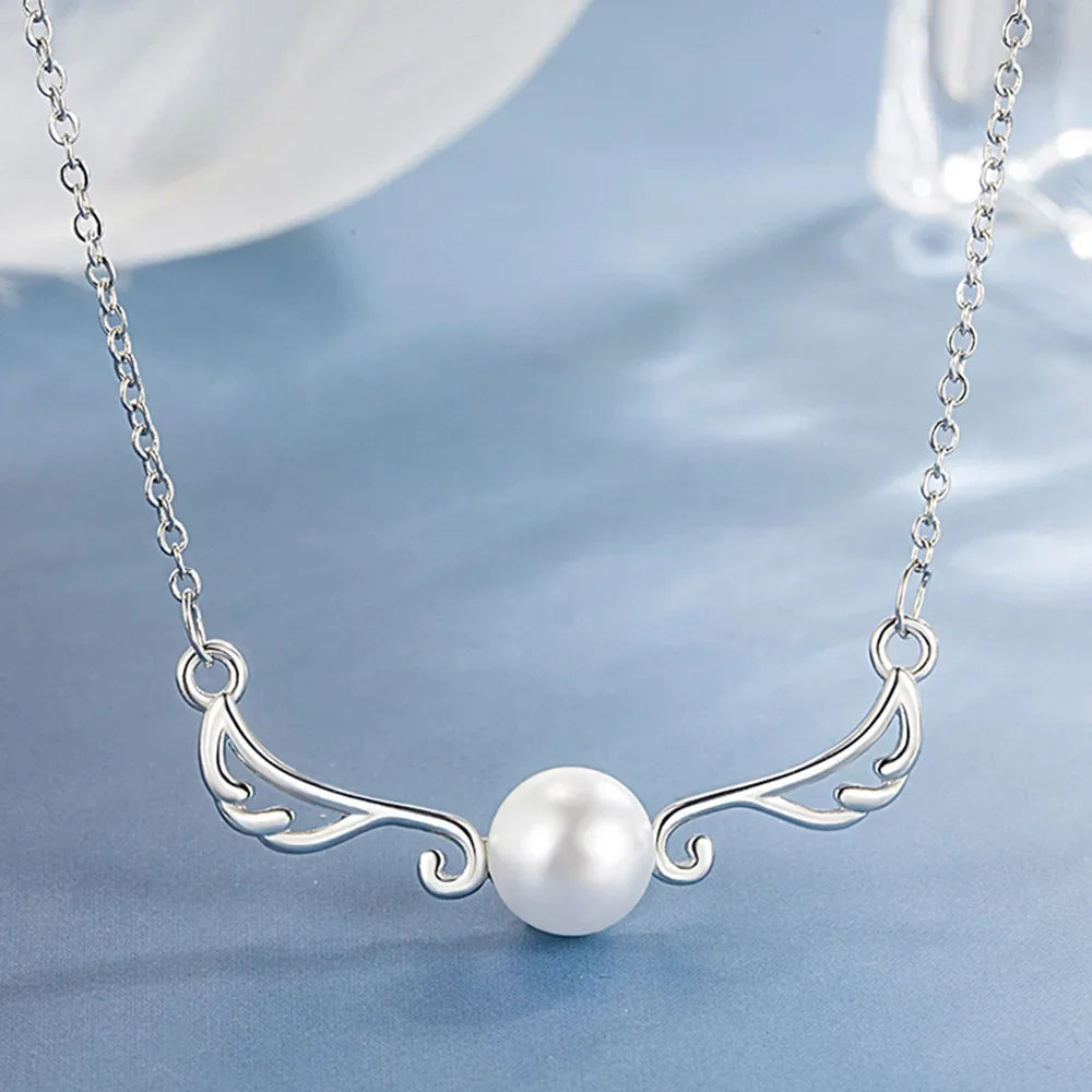 925 Sterling Silver Light Luxury Premium Wings Pearl Necklace Anniversary Birthday Party Wedding Gift