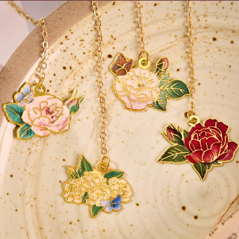 Retro Metal Aesthetic Rose Bookmark Pendant Chinese Style Floral Painting Bookmark Student Reading Mark Book Accessories Gift