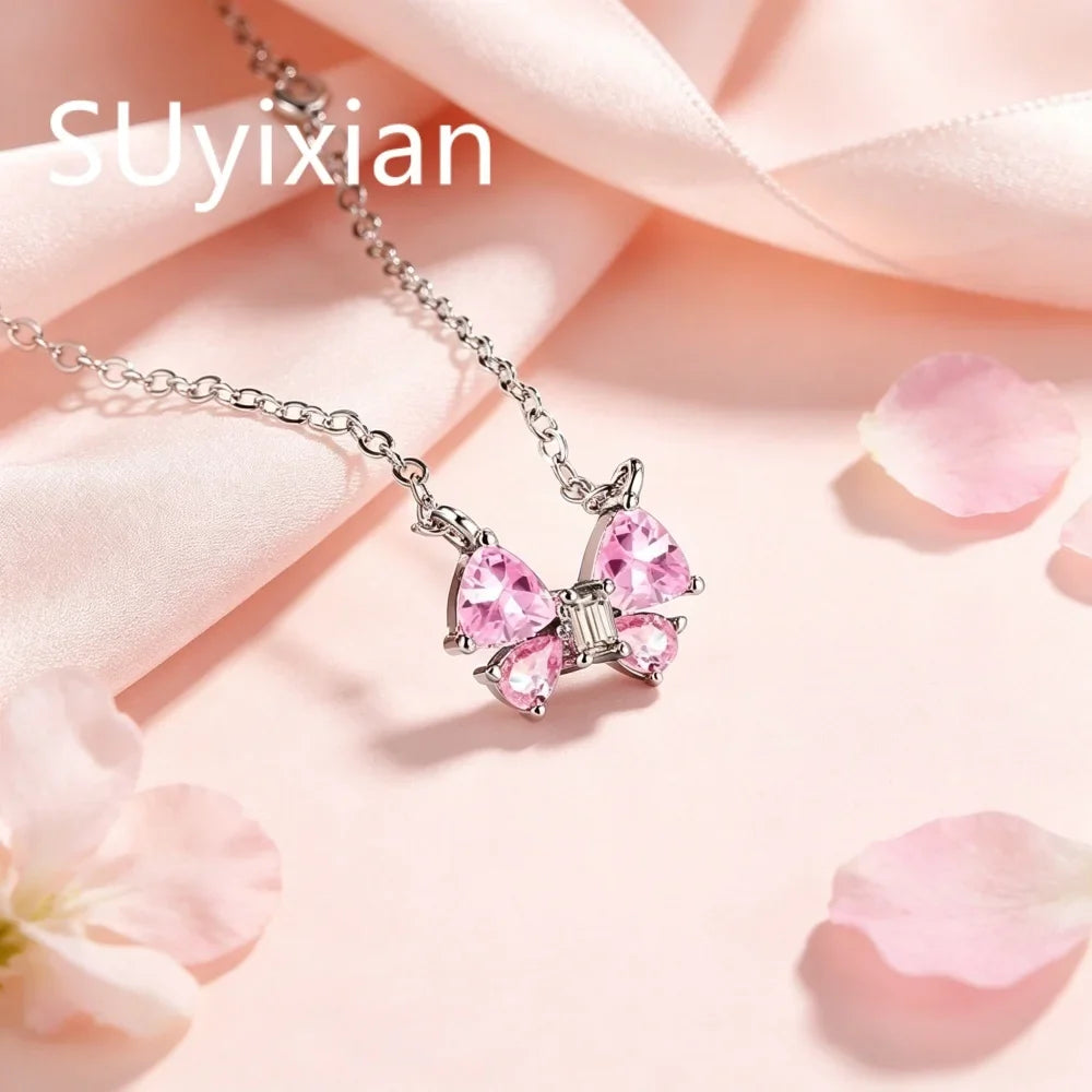 925 Sterling Silver Stylish Sweet Pink Bow Zircon Necklace Birthday Party Anniversary Gift Ladies Jewelry