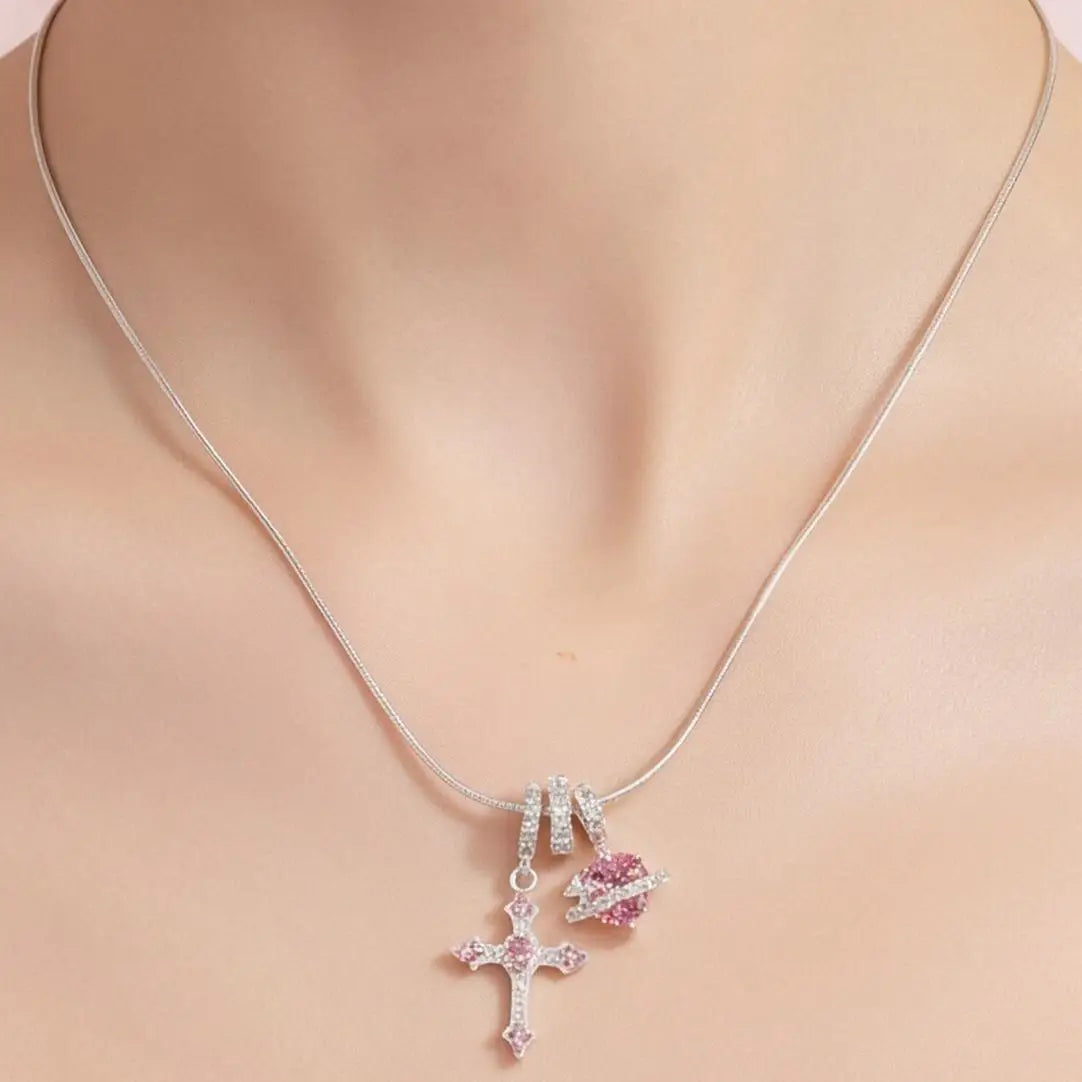 Heart Cross Pendant Necklace for Women Stainless Steel Necklace 14K Gold Plated Snake Chain Necklace with Pink Zircon Heart & Cross Charms, Hypoallergenic Dainty Layering Pendant Necklace Jewelry Gift for Women Girls Valentin