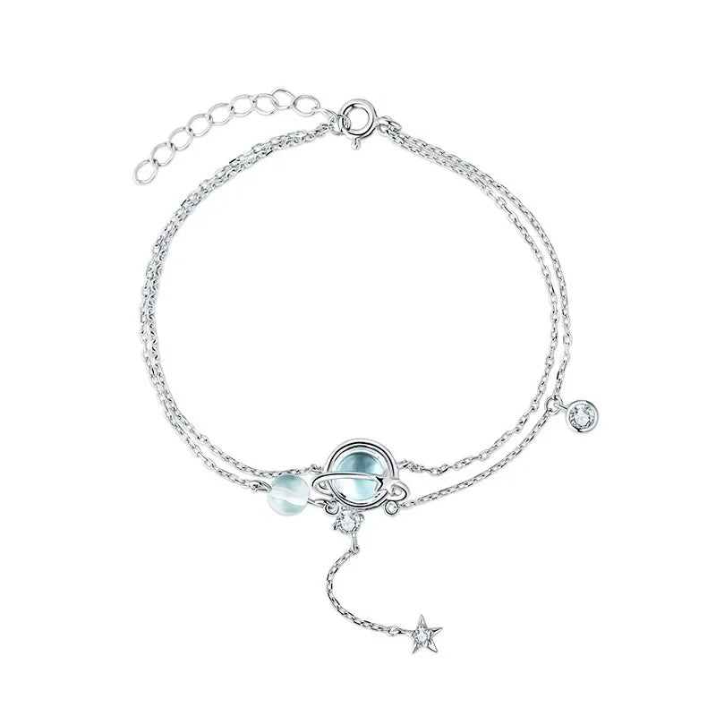 925 Sterling Silver Aquamarine Bracelet | Elegant Double Charm Bracelet for Women