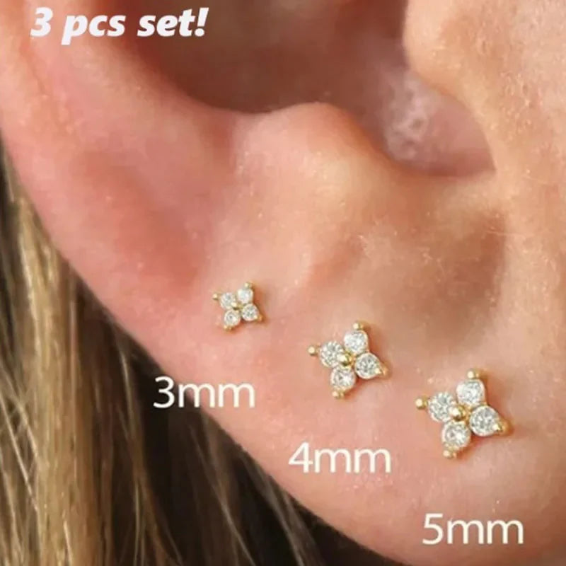 2/3Pcs Dainty CZ Flower Stud Earrings For Women, 18K Gold Plated Tiny Small Cute Cartilage Helix Tragus Ear Piercing Jewelry