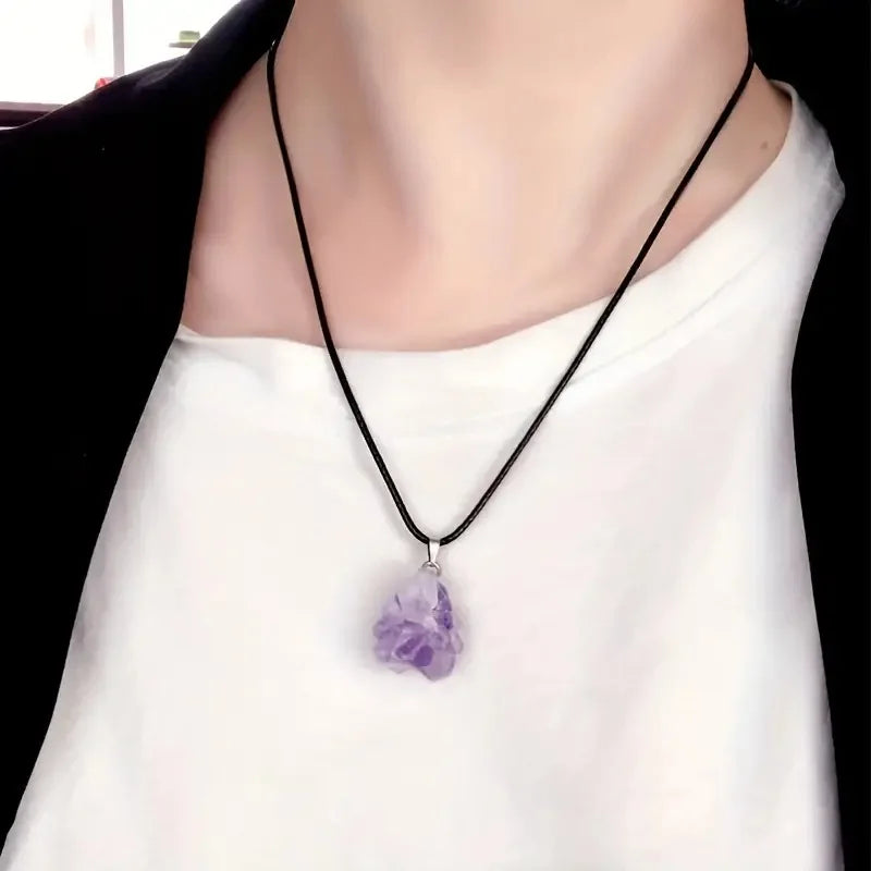 3Pcs Natural Amethyst Jewelry Set Irregular Chip Bracelet Raw Crystal Pendant Hexagonal Point Necklace Healing Spiritual Gift