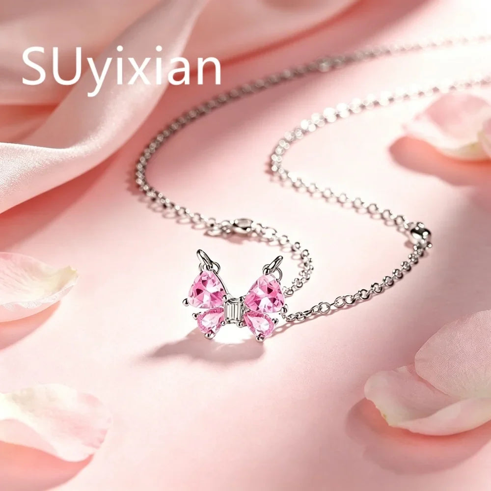 925 Sterling Silver Stylish Sweet Pink Bow Zircon Necklace Birthday Party Anniversary Gift Ladies Jewelry