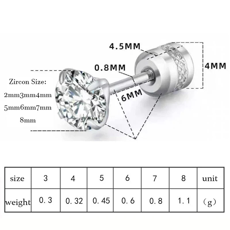 Stainless Steel Titanium Stud Earrings | 4 Color CZ Crystal Screw Back Earrings for Women