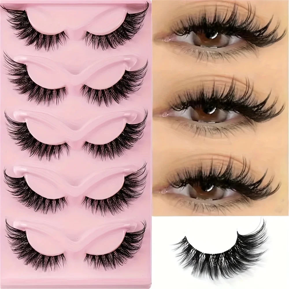 5 Pairs False Eyelashes - Natural Long, Cat Eye Style, Winged Tips, Manga Lashes for Eye Elongation