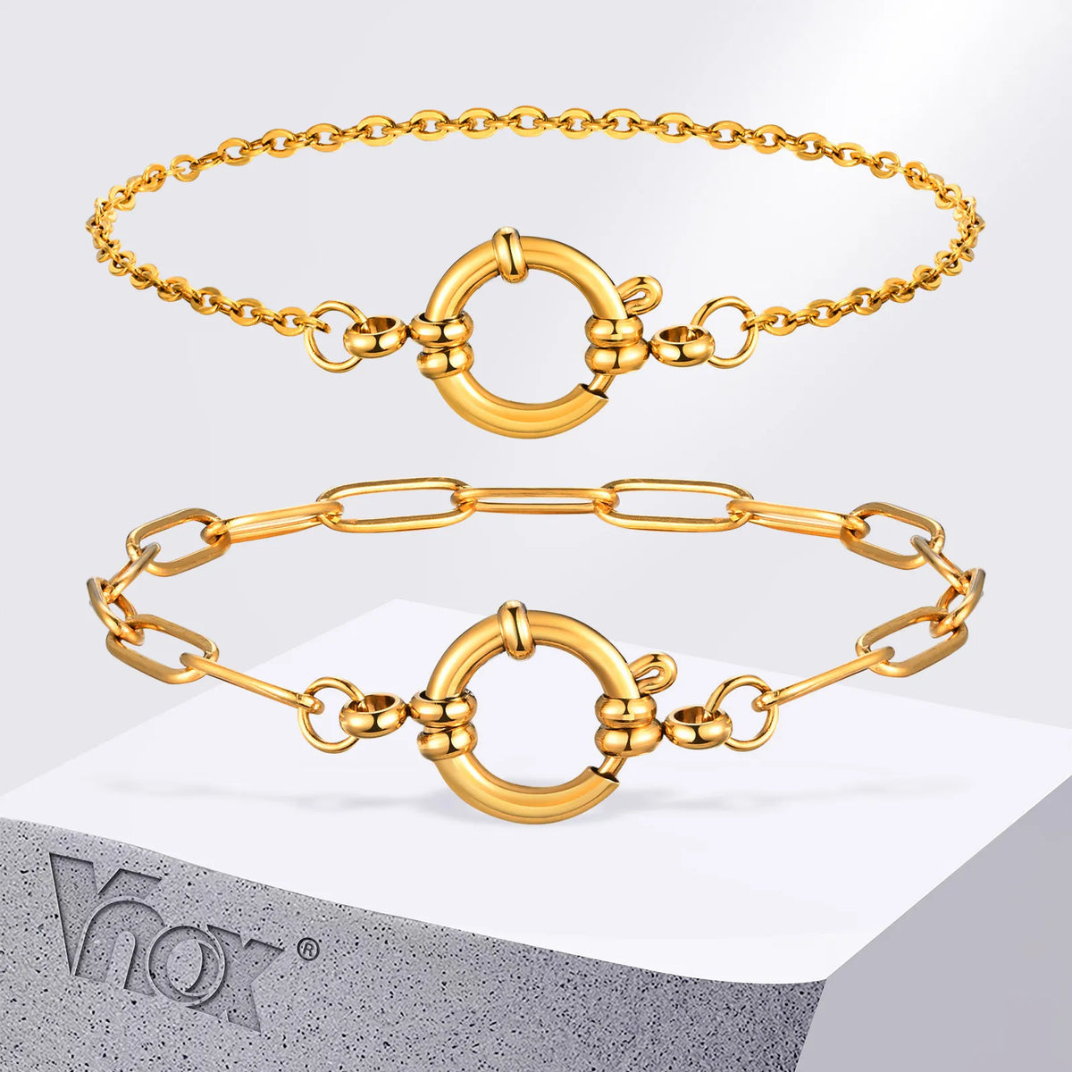 Vnox Square Chain Bracelet | Gold Stainless Steel Round Bubble Link Jewelry for Women