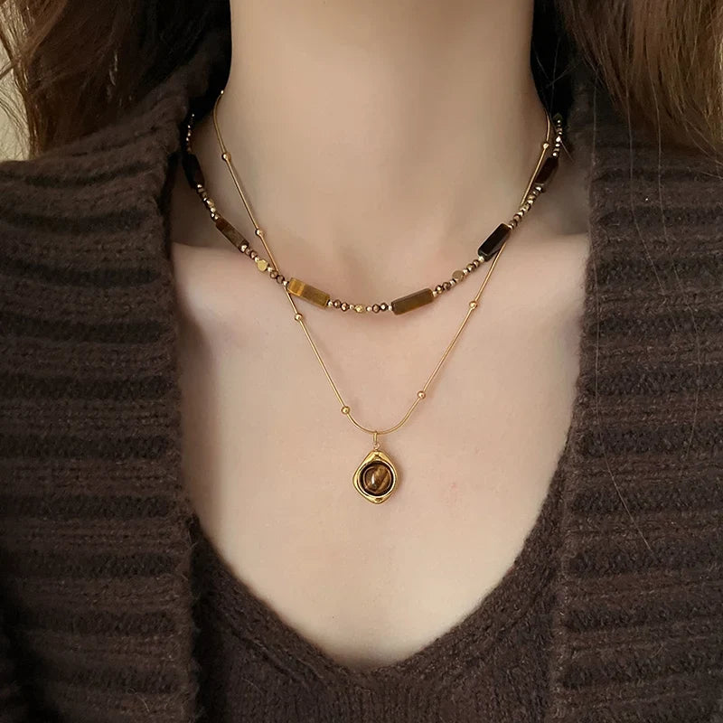 Retro Temperament Layered Tiger Eye Stone Pendant Necklace For Women Stainless Steel Double-Layer Collarbone Chain Sets Jewelry