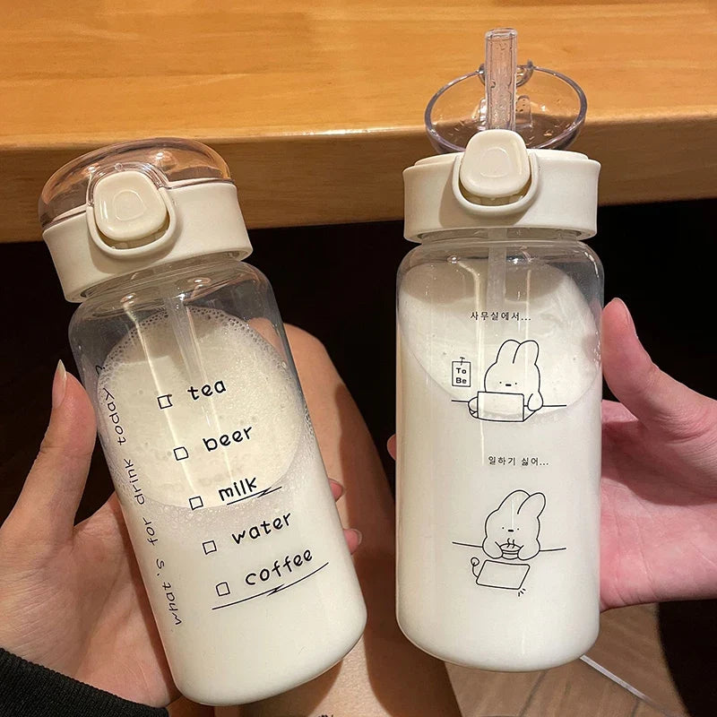 Cartoon Water Bottle With Straw | Cute Plastic Drinking Bottle for Milk, Coffee, and Tea