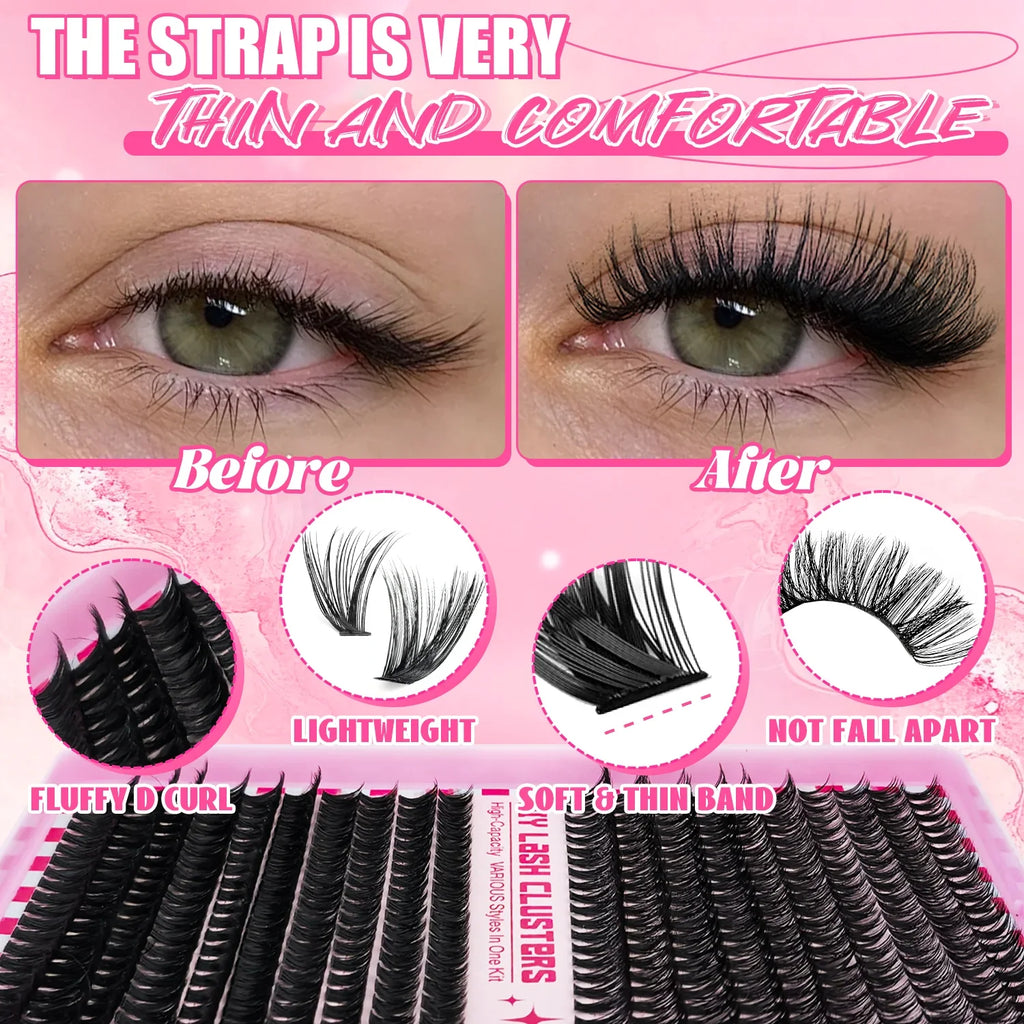 740/800PCS Eyelash Cluster Kit Mixed Lengths Ultra-Light Waterproof Lash Extensions Natural Daily Makeup or Dramatic Glam Look