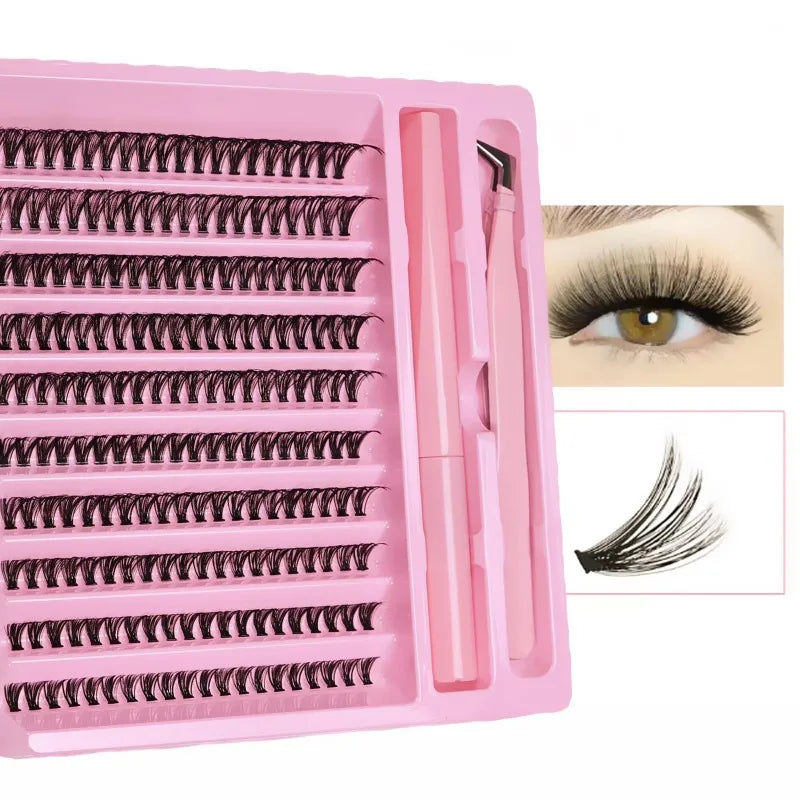 DIY D Curl False Lash Cluster Set 200Pcs with Bond & Tweezers Daily Casual Evening Cosplay Quick Eye Cosmetics
