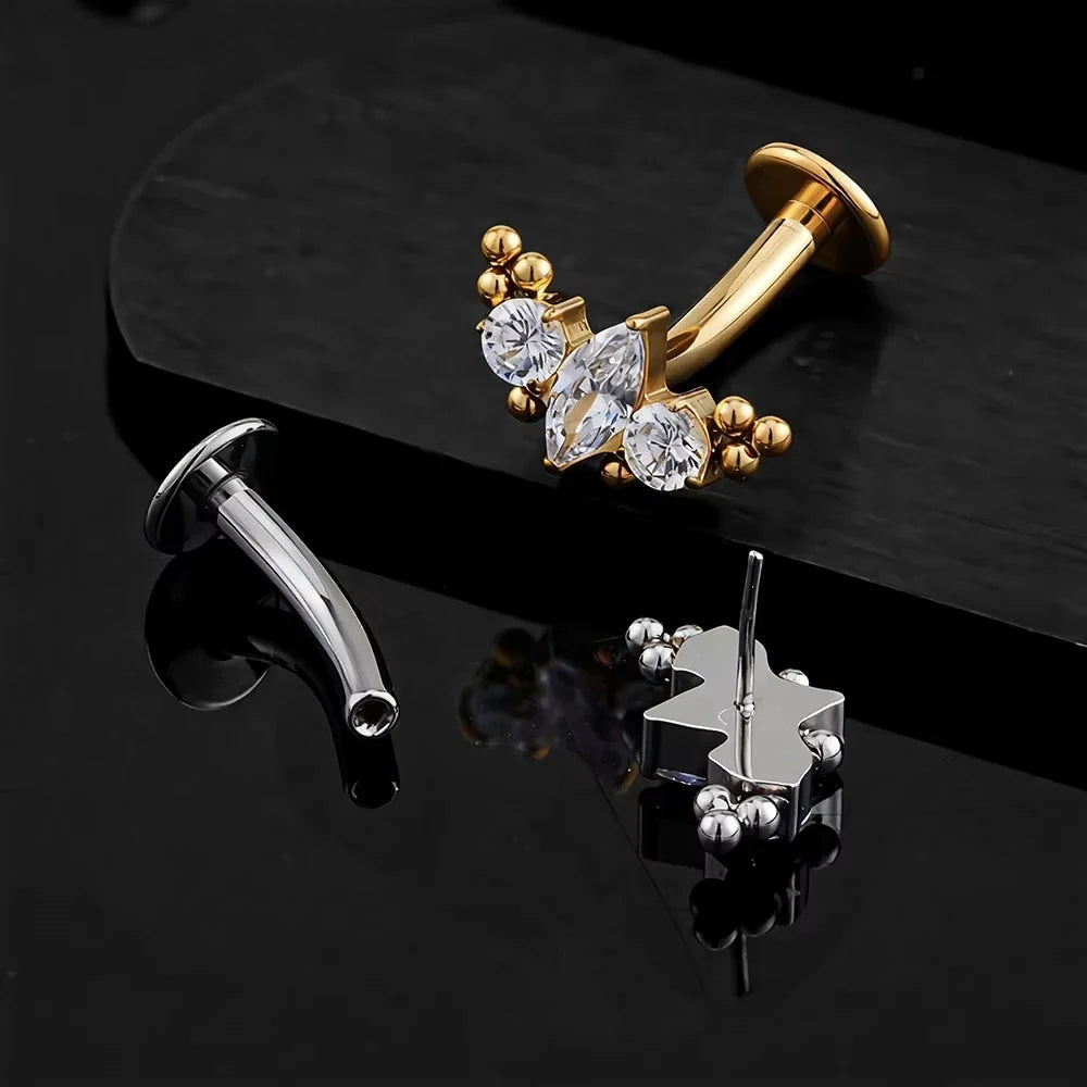 FTCY ASTM F136 G23 Titanium Leaf Branch Push In Threadless Labret Piercing Crystal Belly Button Ring Body Jewelry J