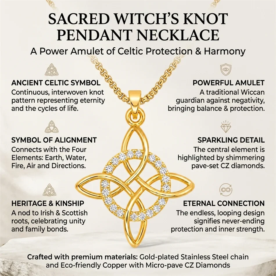 Witch Knot Pendant Necklace Stainless Steel Chain CZ Celtic 4 Elements Protection Amulet Retro Wiccan Gothic Women Men Jewelry