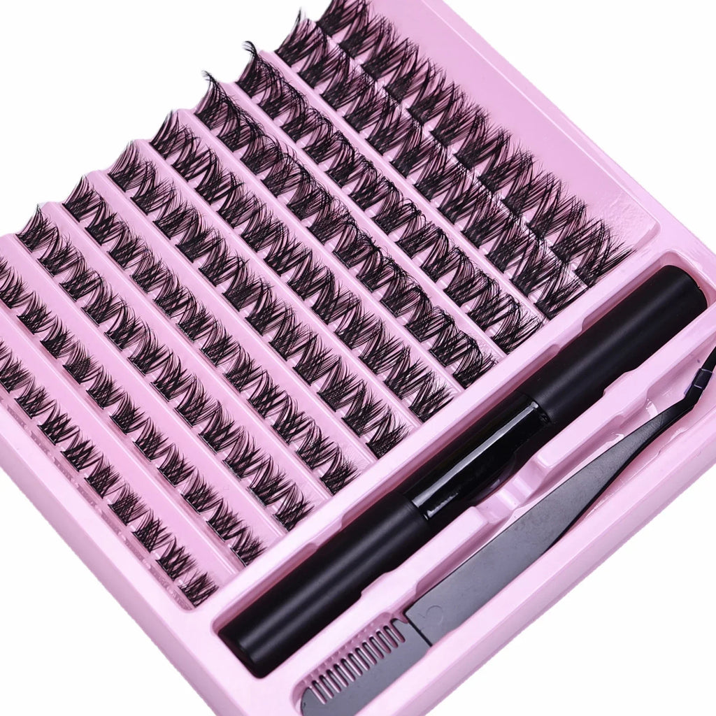 DIY Eyelash Extension Kit Lash Clusters D Curl with Bond and Seal Lash Tweezers Individual Lashes for Beginners Home Use