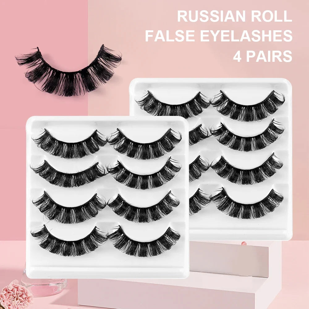 4 Pairs Lashes D Curl Russian Lashes 3D Mink Eyelashes Reusable Fluffy Russian Strip Lashes eyelashes extensions