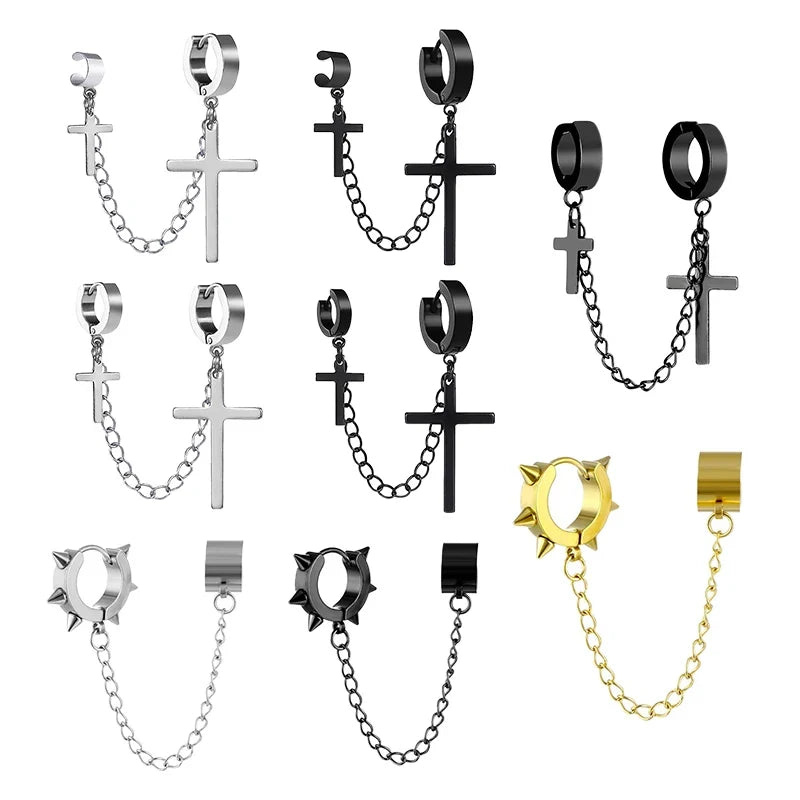 Cross Tassel Clip Earrings | Unisex Punk Hoop Earrings with Chain