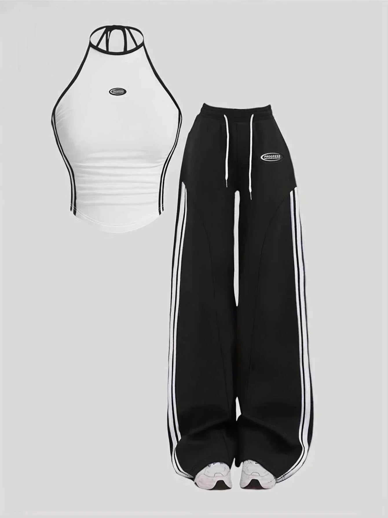 Women Halter Striped Crop Top and Wide Leg Pants