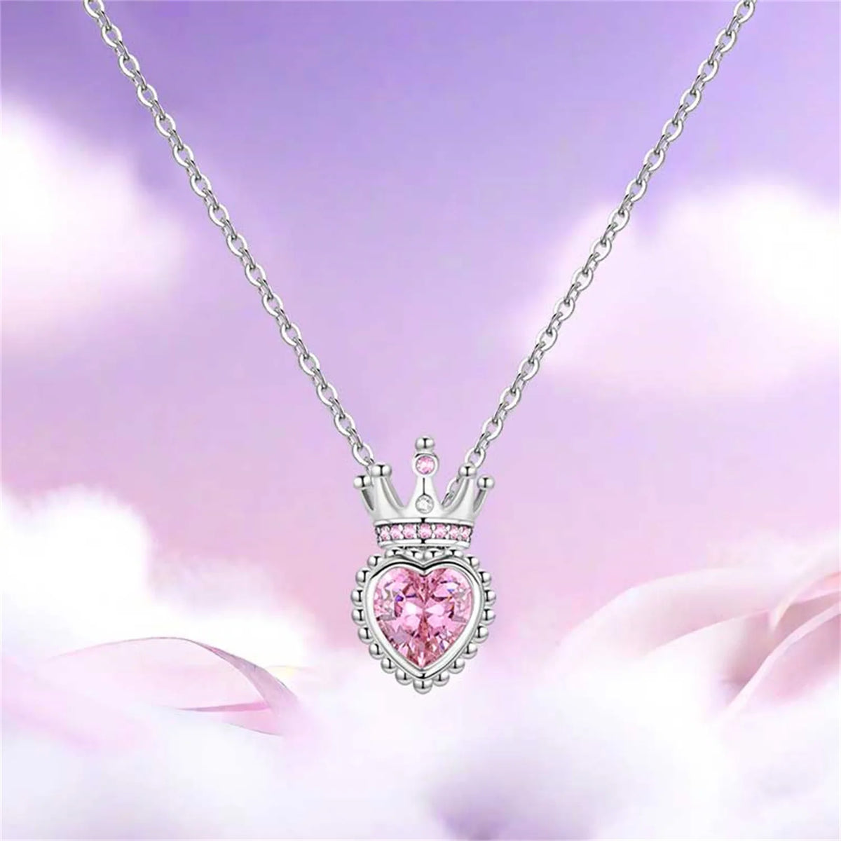 Romantic Pink Crown Heart Pendant Necklace Genuine 925 Sterling Silver Elegant Fine Jewelry for Women Wedding Holiday Presents
