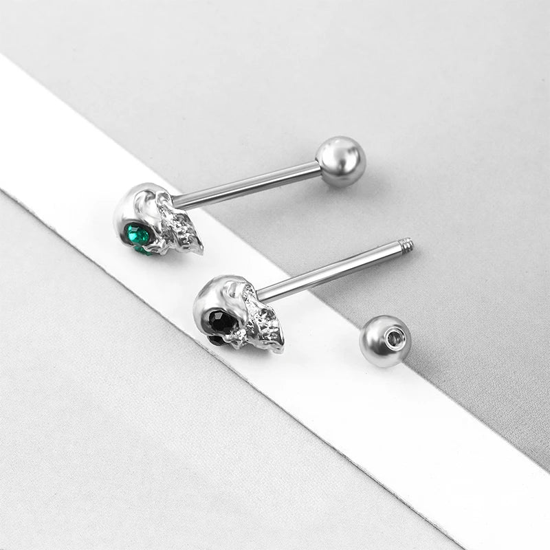 Tongue Rings Stainless Steel 316L, 5 Color Diamond Encrusted Skull Piercing Jewelry