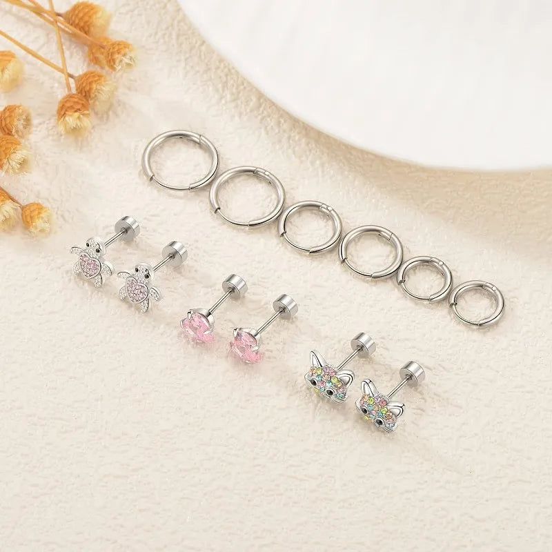 1/6 Pairs Hypoallergenic Screw Back Earrings, Flat Back Earrings Hoops Cat Turtle Cartilage Helix Tragus Piercing Jewelry