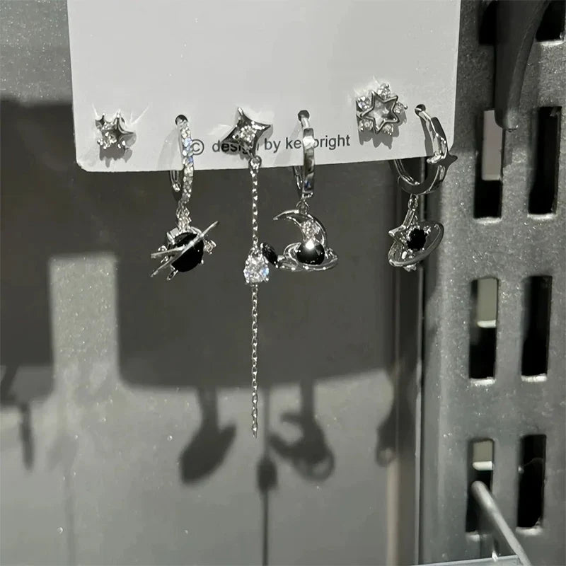 6PCS Goth Punk Vintage Aesthetic Crystal Heart Moon Cross Star Pendant Earrings Set | Grunge Y2K Jewelry