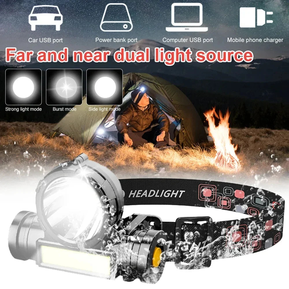 Rechargeable Headlight with COB LED | Waterproof Fishing and Camping Headlamp