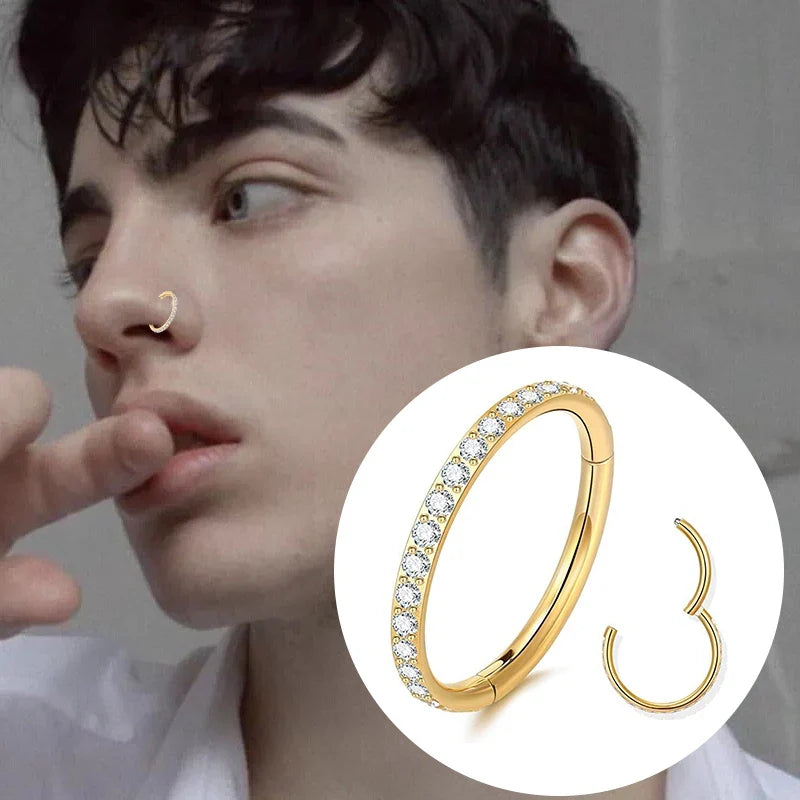 Steel Hinged Segment Hoop CZ Stone Nose Ring Nipple Clicker Ear Cartilage Tragus Helix Lip Earring Piercing Body Jewelry