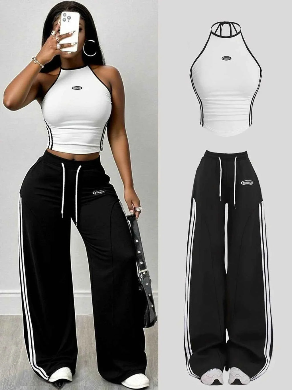 Women Halter Striped Crop Top and Wide Leg Pants
