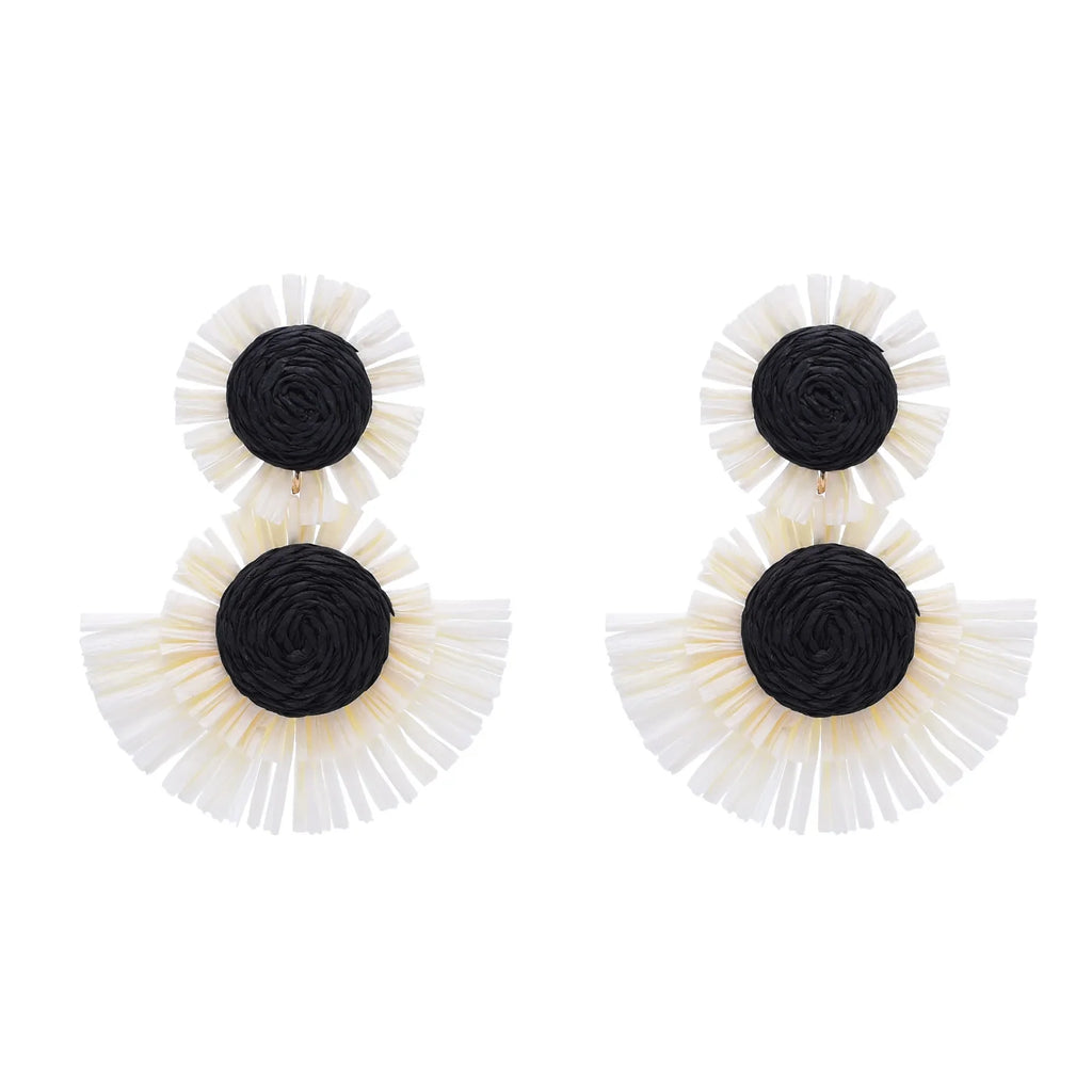 Black And White Raffia Fan Dangle Earrings | Bohemian Tribal Handmade Jewelry