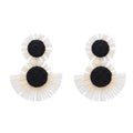 Black And White Raffia Fan Dangle Earrings | Bohemian Tribal Handmade Jewelry