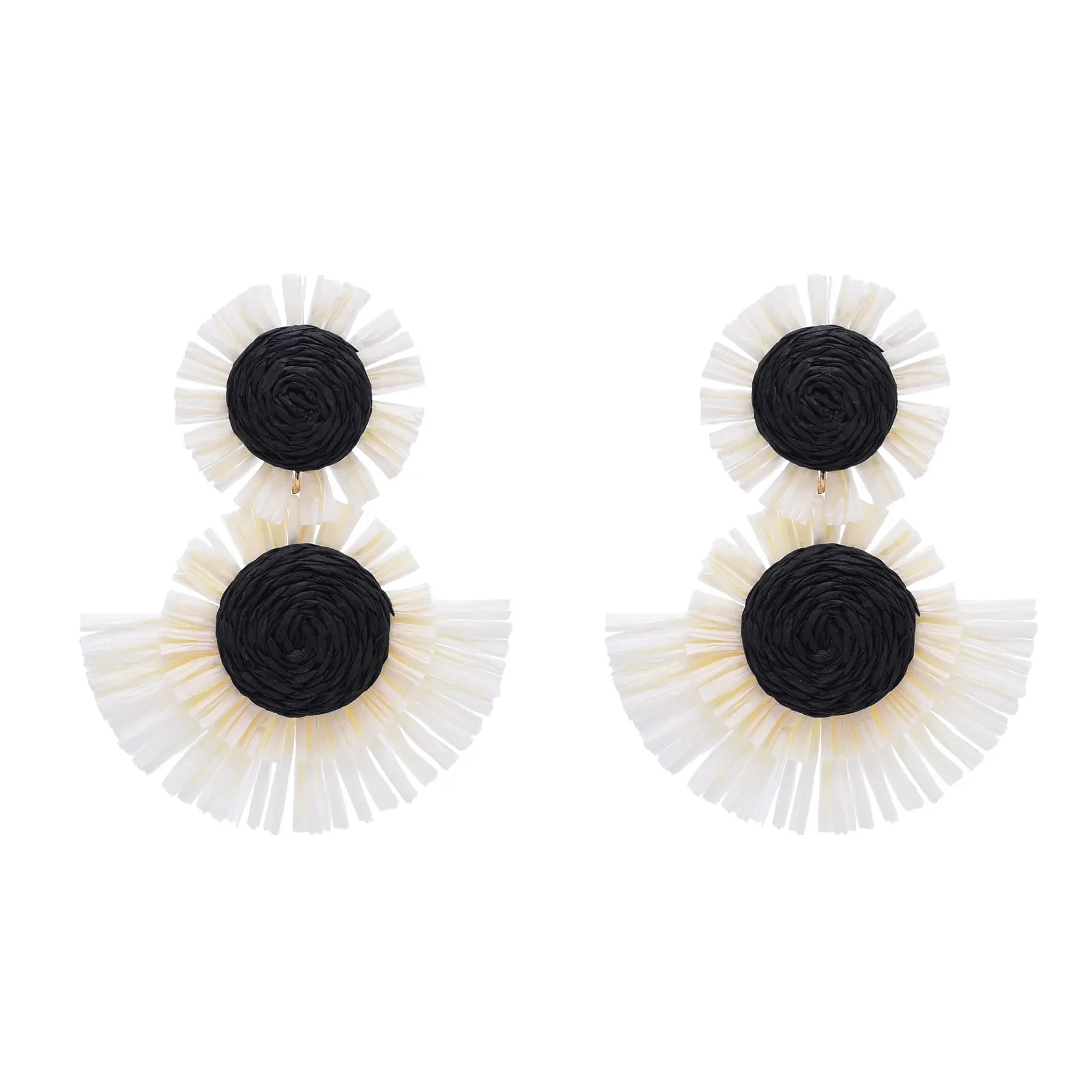 Black And White Raffia Fan Dangle Earrings | Bohemian Tribal Handmade Jewelry