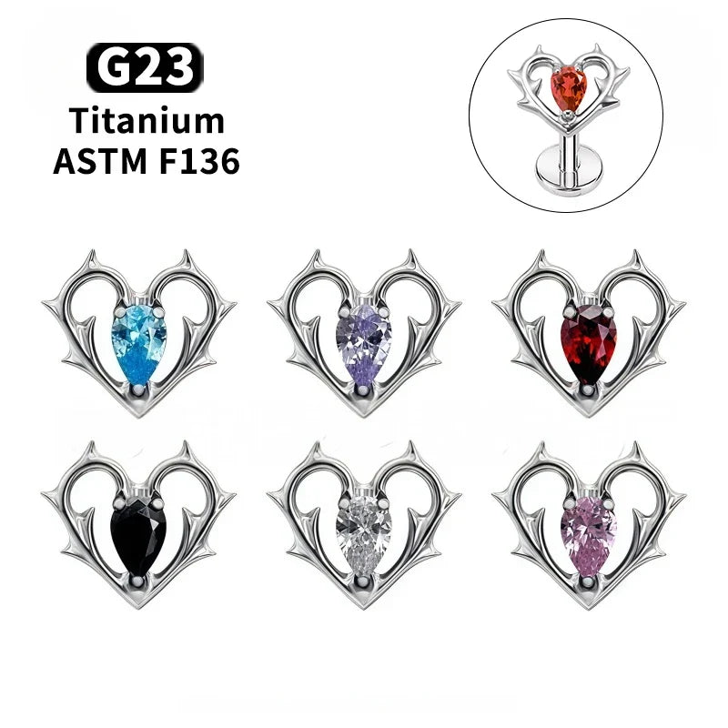 G23 Titanium Lip Piercing Stud Earring with Heart Design Teardrop CZ Nose Stud Internal Thread Helix Cartilage Labret Jewelry
