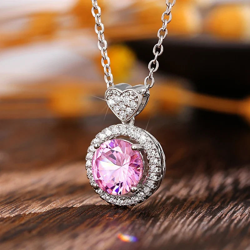 Huitan Romantic Pink Cubic Zirconia Pendant Necklace for Women Engagement Wedding Party Luxury Trendy Neck Accessories Jewelry