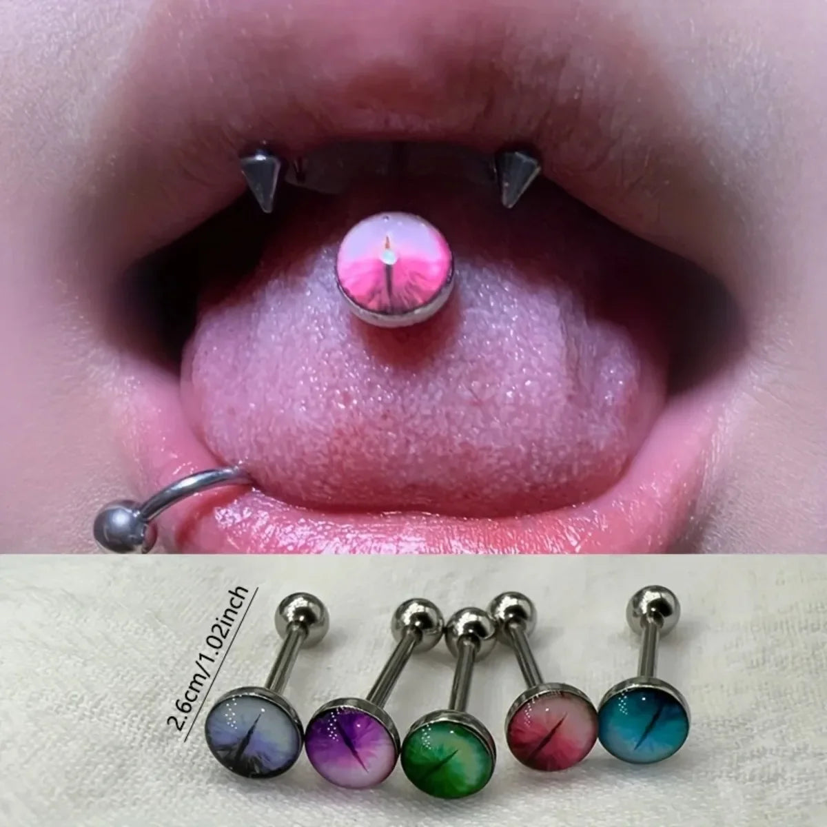 New Trendy Hypoallergenic Stainless Steel Colorful Eye Tongue Rings for Women Tongue Stud Body Piercing Jewelry