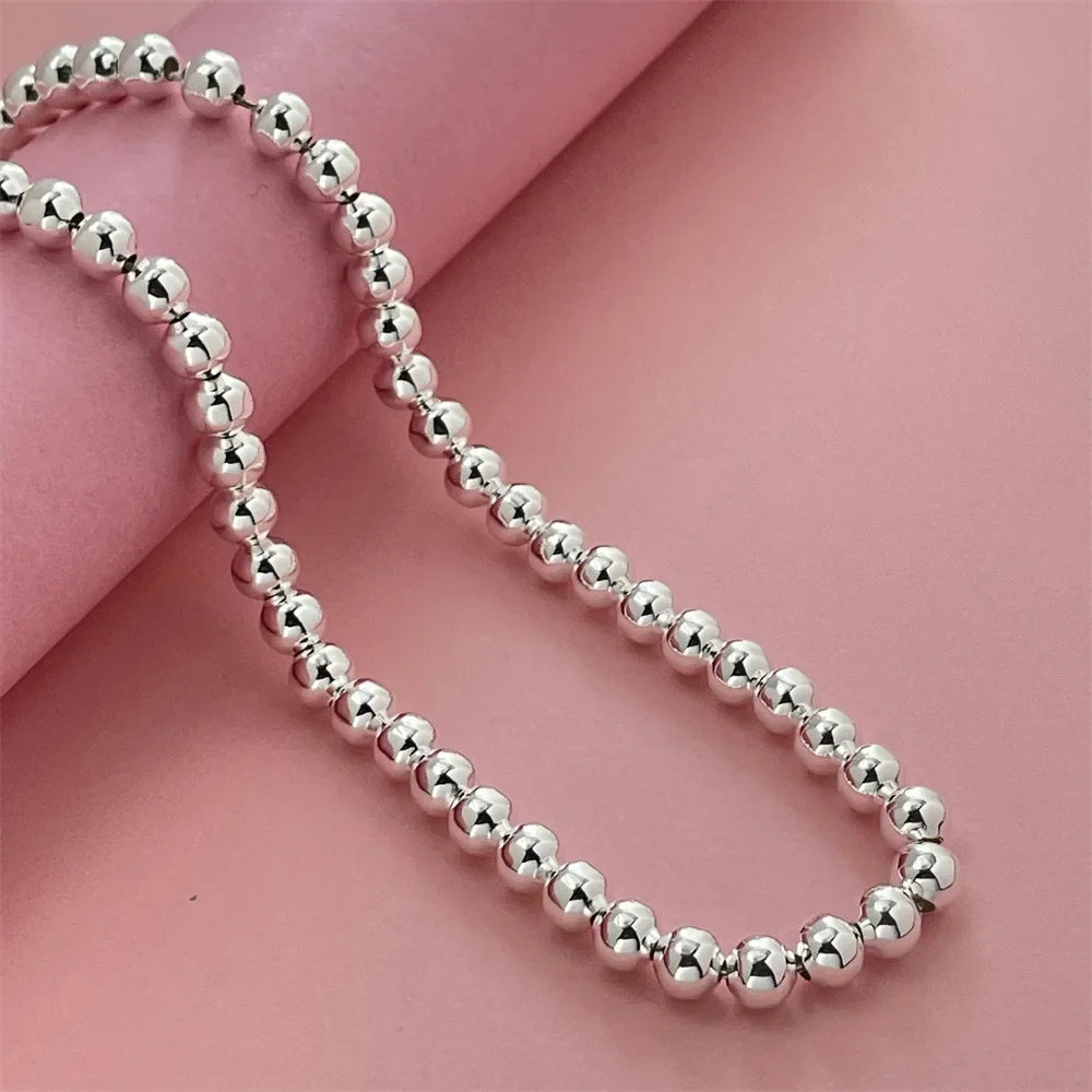 925 Sterling Silver Round Bead Chain Necklace 4/6/8mm Smooth Ball Beads 40-60CM Choker Necklaces for Women Daily Jewelry