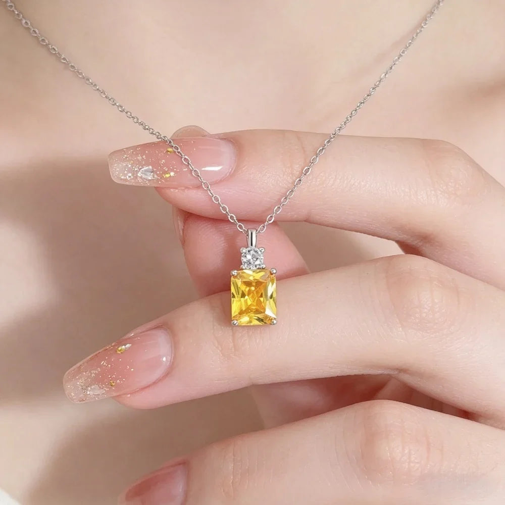 925 Silver Radiant Cut Yellow Crystal Pendant Necklace Women Sparkling Cubic Zircon Citrine Choker Chain Fine Jewelry