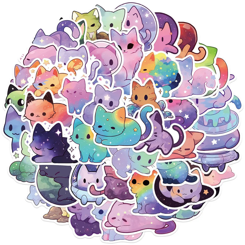 50PCS Colorful Starry Sky Cat Waterproof Graffiti Stickers | Decals for Helmet, Bicycle, Laptop, and More