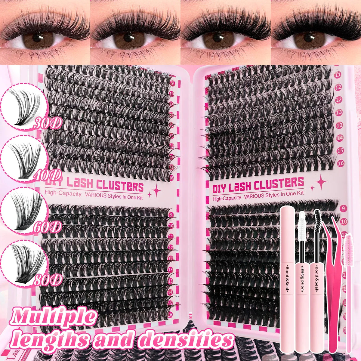 740/800PCS Eyelash Cluster Kit Mixed Lengths Ultra-Light Waterproof Lash Extensions Natural Daily Makeup or Dramatic Glam Look
