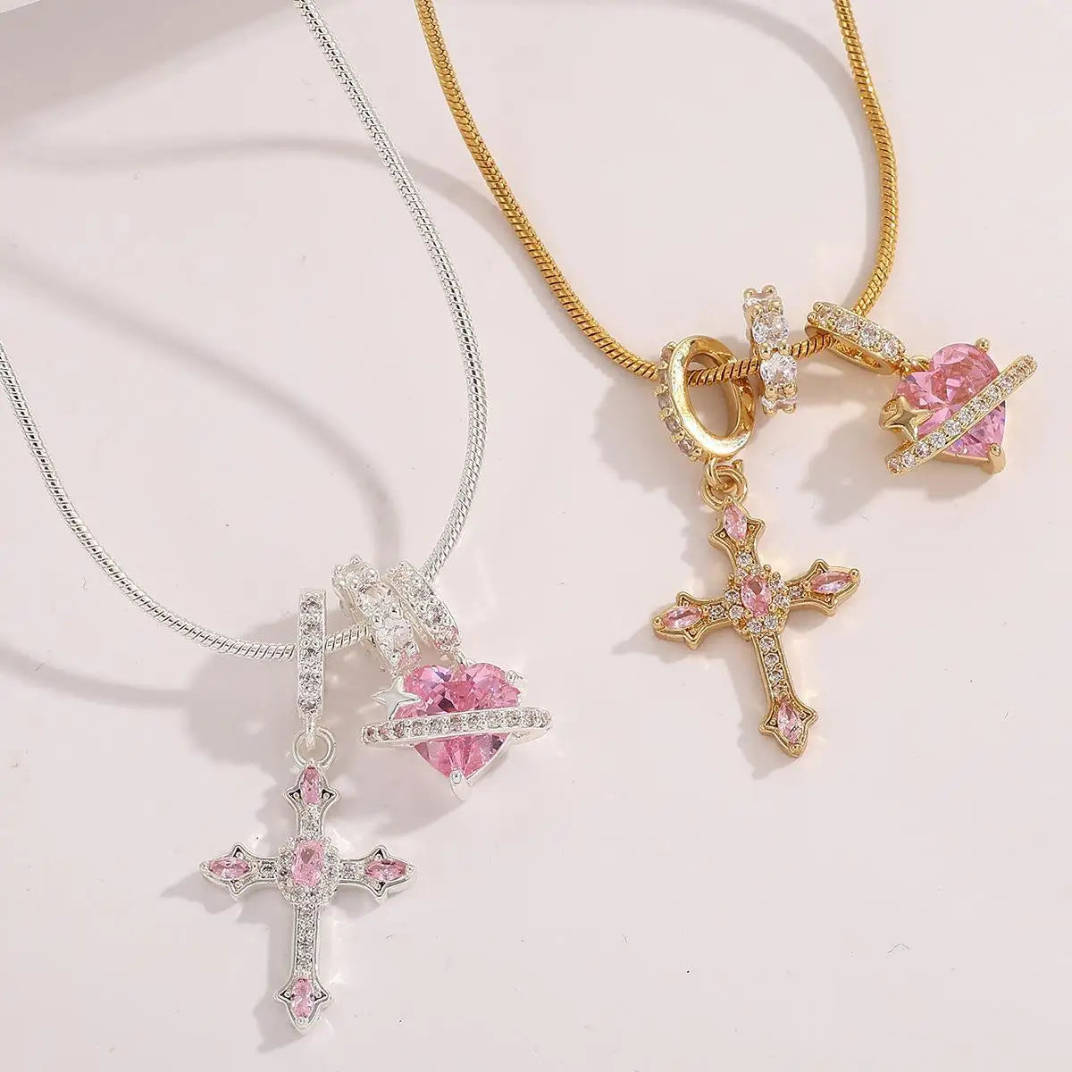 Heart Cross Pendant Necklace for Women Stainless Steel Necklace 14K Gold Plated Snake Chain Necklace with Pink Zircon Heart & Cross Charms, Hypoallergenic Dainty Layering Pendant Necklace Jewelry Gift for Women Girls Valentin