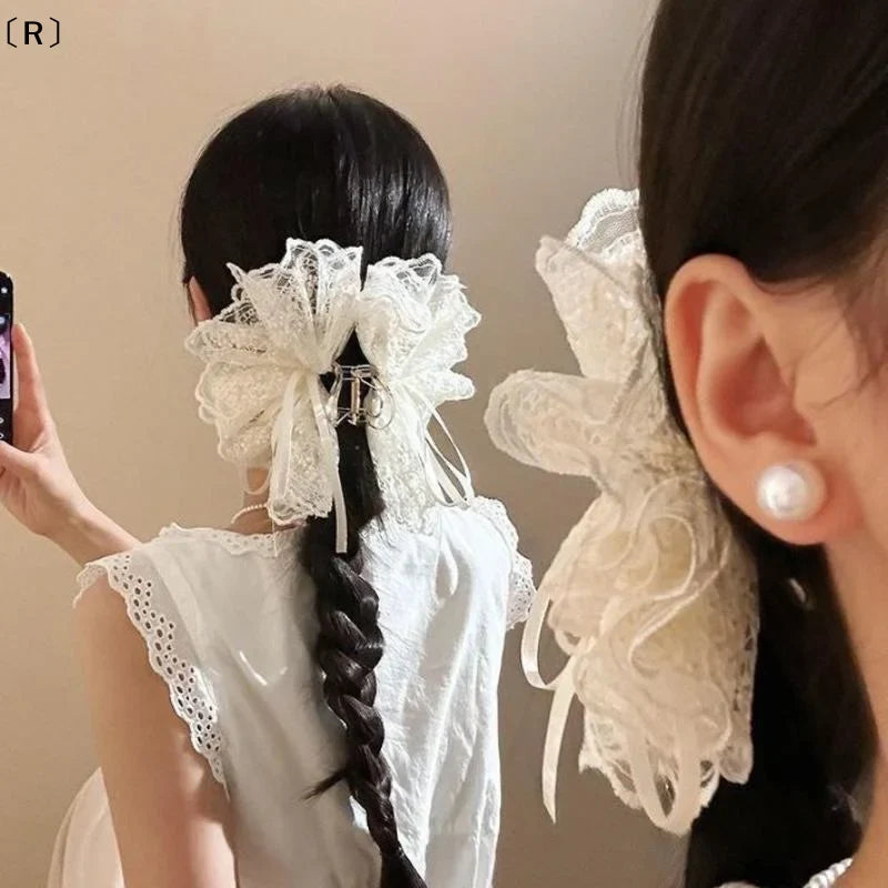 〔R〕Elegant White Ribbon Bow Hair Claws Fashion Fabric Hair Clip Crab For Girl Gift Hair Accessories Valentine Headwear