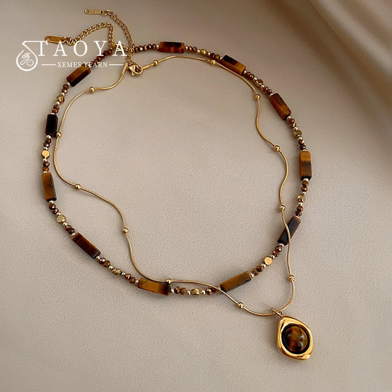 Retro Temperament Layered Tiger Eye Stone Pendant Necklace For Women Stainless Steel Double-Layer Collarbone Chain Sets Jewelry