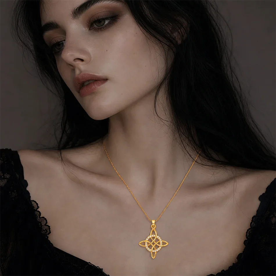 Witch Knot Pendant Necklace Stainless Steel Chain CZ Celtic 4 Elements Protection Amulet Retro Wiccan Gothic Women Men Jewelry
