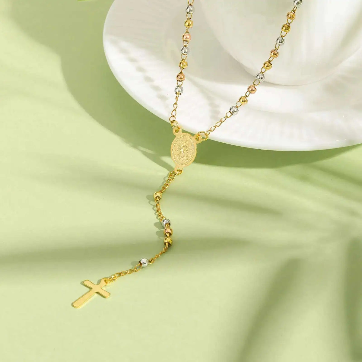 Prjewel Stainless Steel Three-Color Beaded Cross Pendant Y-Necklace | Faith-Inspired Fashion Jewelry