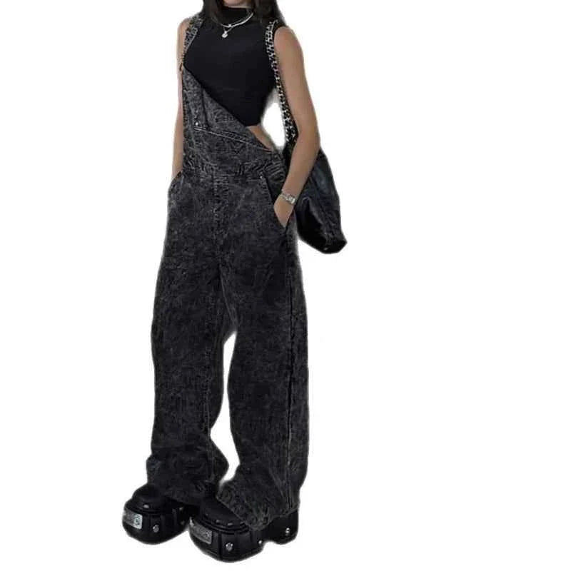 Aged Washed Wide-Leg Denim Strap Pants Women