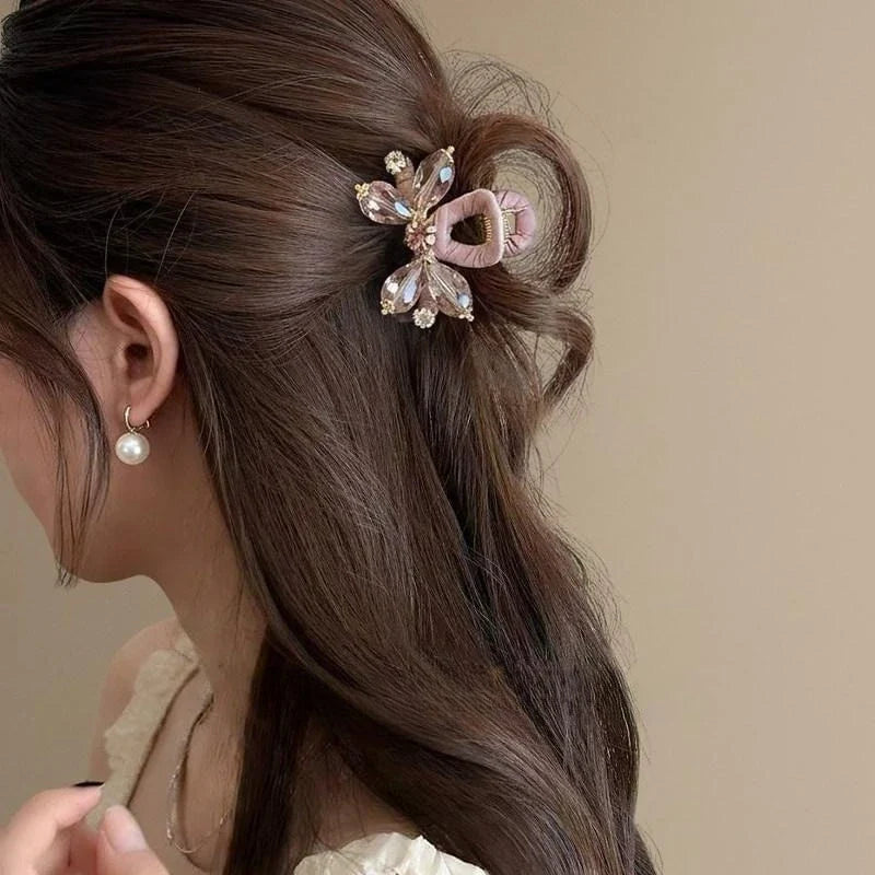 Pink Floral Crystal Rhinestone Hair Claw Clip Elegant Hair Accessories for Wedding Daily Party Dating Hair Accessories