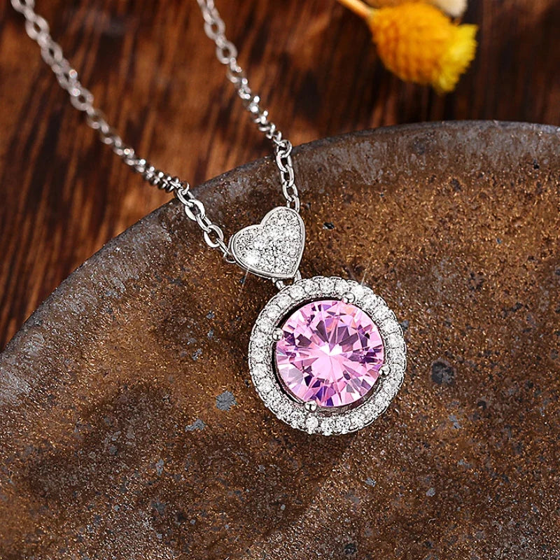 Huitan Romantic Pink Cubic Zirconia Pendant Necklace for Women Engagement Wedding Party Luxury Trendy Neck Accessories Jewelry