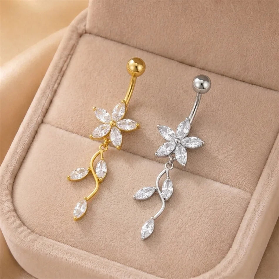 Stainless Steel Dangle Belly Button Ring Crystal Flower with Dangling Marquise Vine Titanium Navel Barbell Body Piercing Jewelry