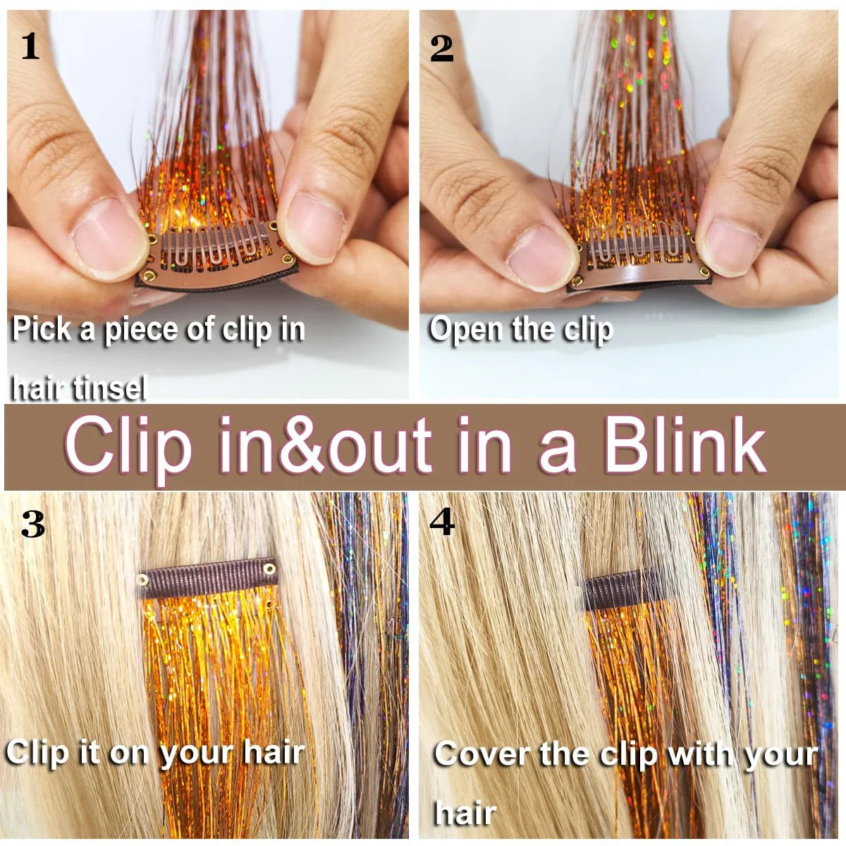 4 Pcs Hair Tinsel Clip Hair Tinsel Kit Glitter Fairy Tinsel Hair Extensions Colorful Heat Resistant Party Festival Accessories